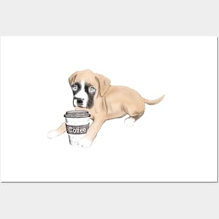 Boxer Dog With Cup Of Coffee Posters and Art